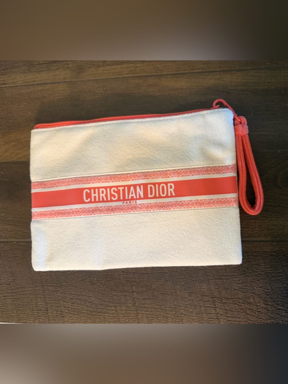Dior White and Coral terry cloth Wristlet Pouch
